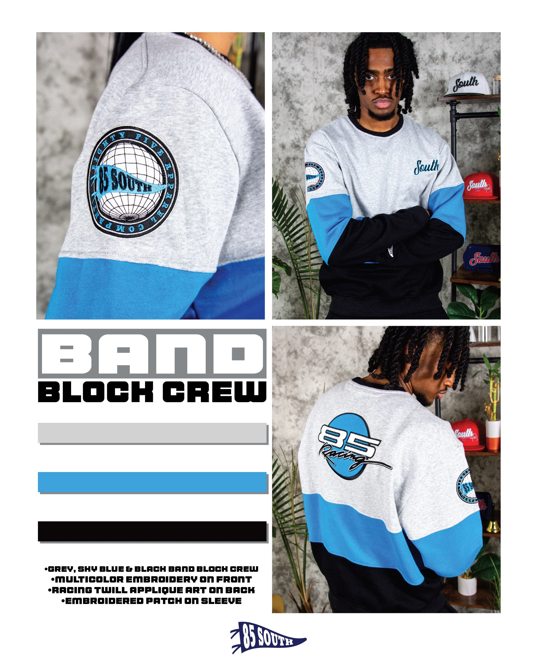 85 South Racing Color Block Crewneck - Baby Blue Jay