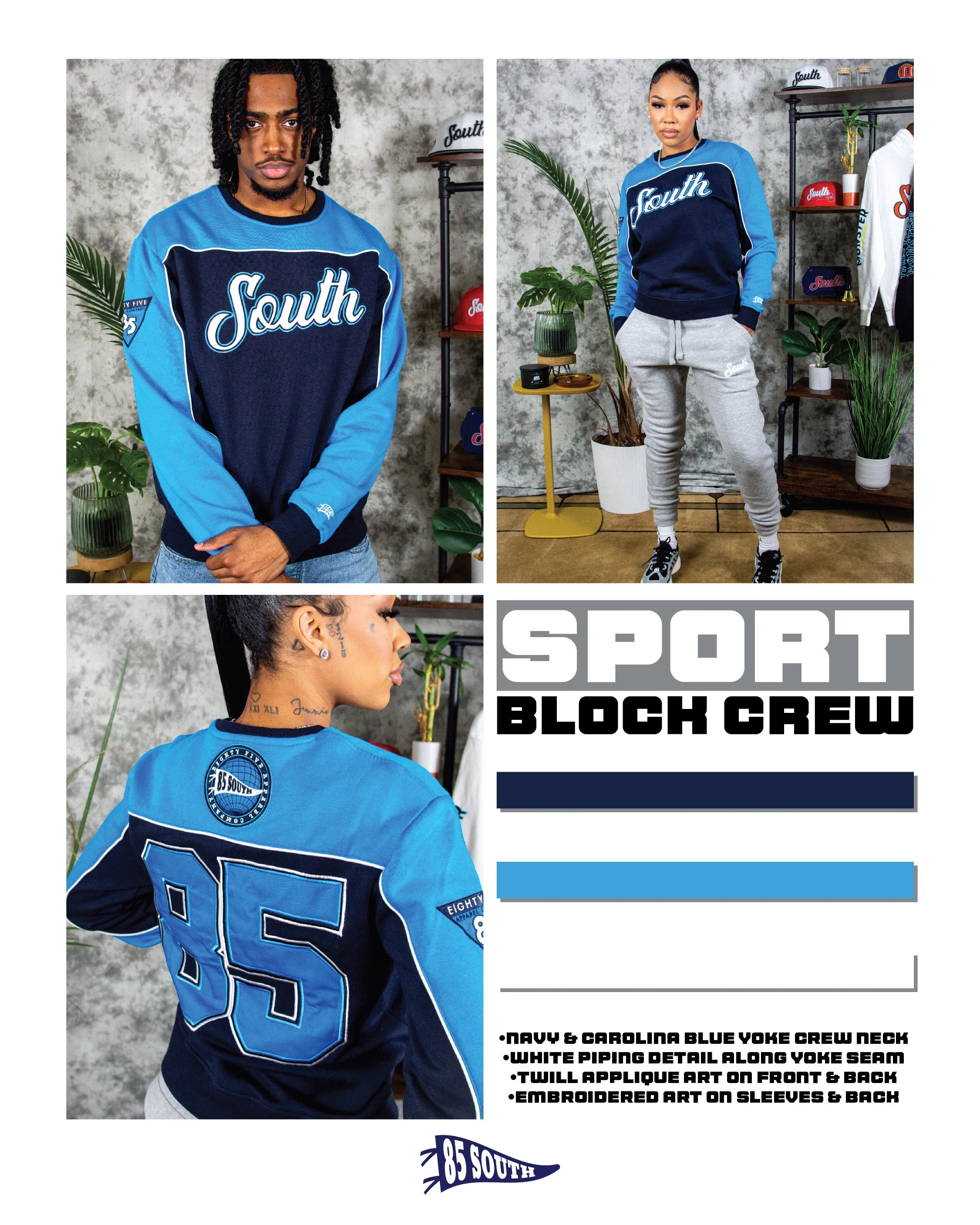 85 South UNC Crewneck - Navy/White/Baby Blue Jay