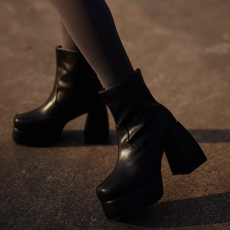 Amozae-Lourdasprec Ladies High Heel Pu Leather Fashion Boots Females Waterproof Platform Street Punk Style Boots Women Over The Knee High Boots