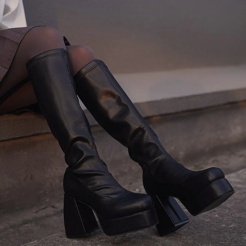 Amozae-Lourdasprec Ladies High Heel Pu Leather Fashion Boots Females Waterproof Platform Street Punk Style Boots Women Over The Knee High Boots