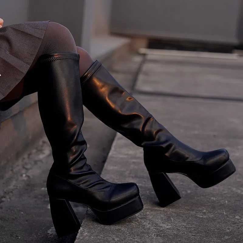 Amozae-Lourdasprec Ladies High Heel Pu Leather Fashion Boots Females Waterproof Platform Street Punk Style Boots Women Over The Knee High Boots