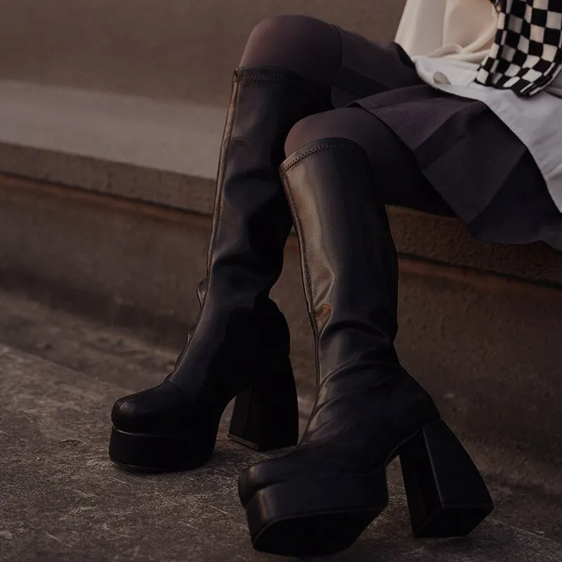 Amozae-Lourdasprec Ladies High Heel Pu Leather Fashion Boots Females Waterproof Platform Street Punk Style Boots Women Over The Knee High Boots