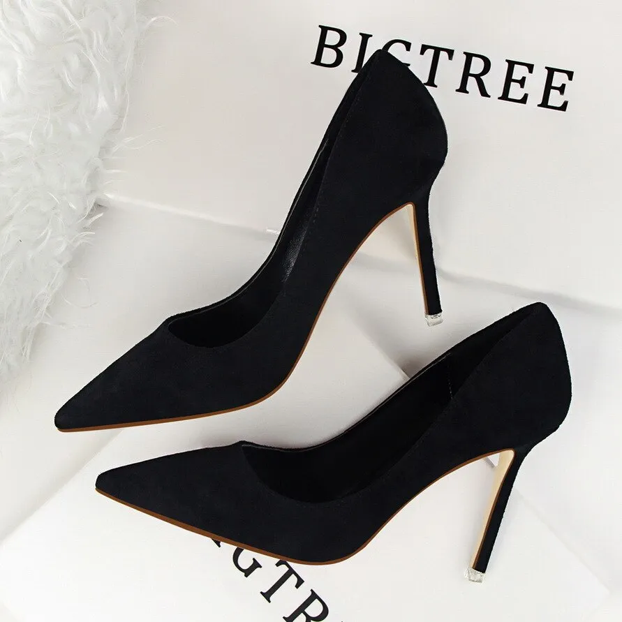 Amozae- Women's Shoes 9CM Pumps Fashion Simple Stiletto With High-Heeled Shallow Mouth Pointed Suede   Slimming Professional OL