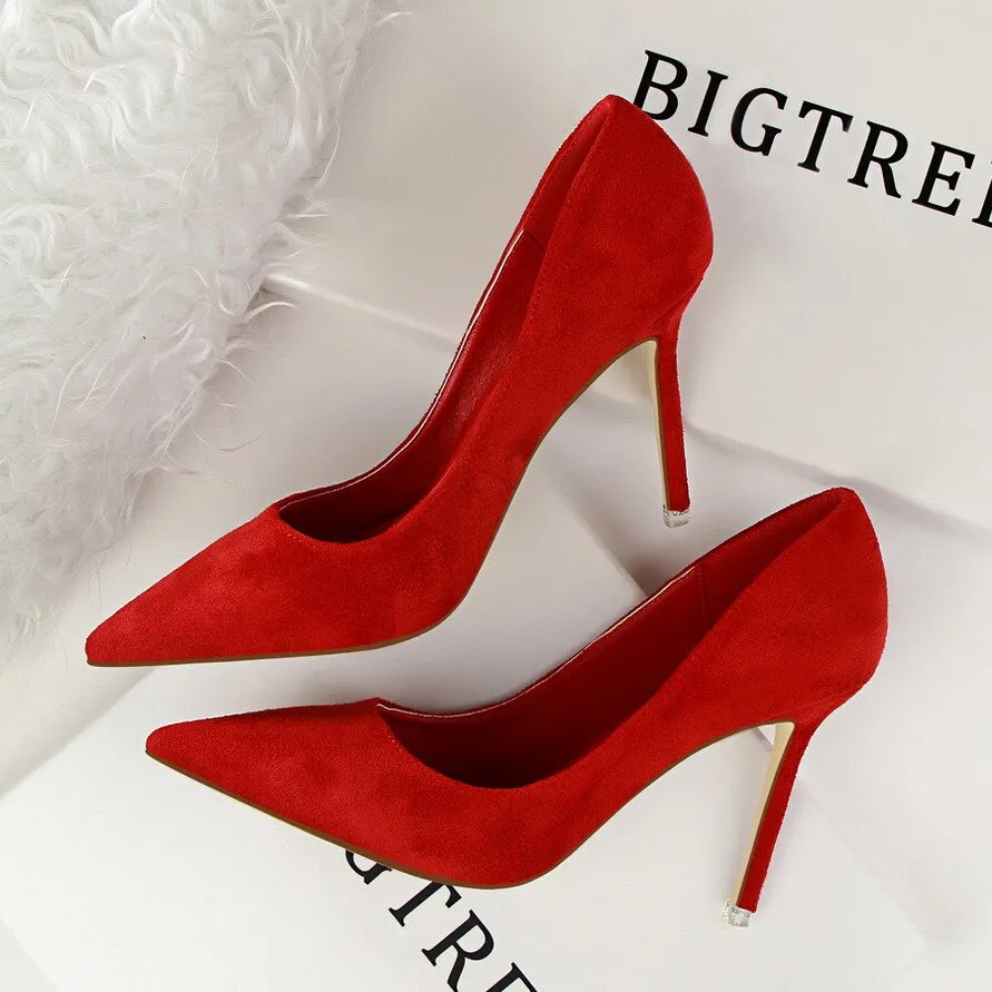 Amozae- Women's Shoes 9CM Pumps Fashion Simple Stiletto With High-Heeled Shallow Mouth Pointed Suede   Slimming Professional OL