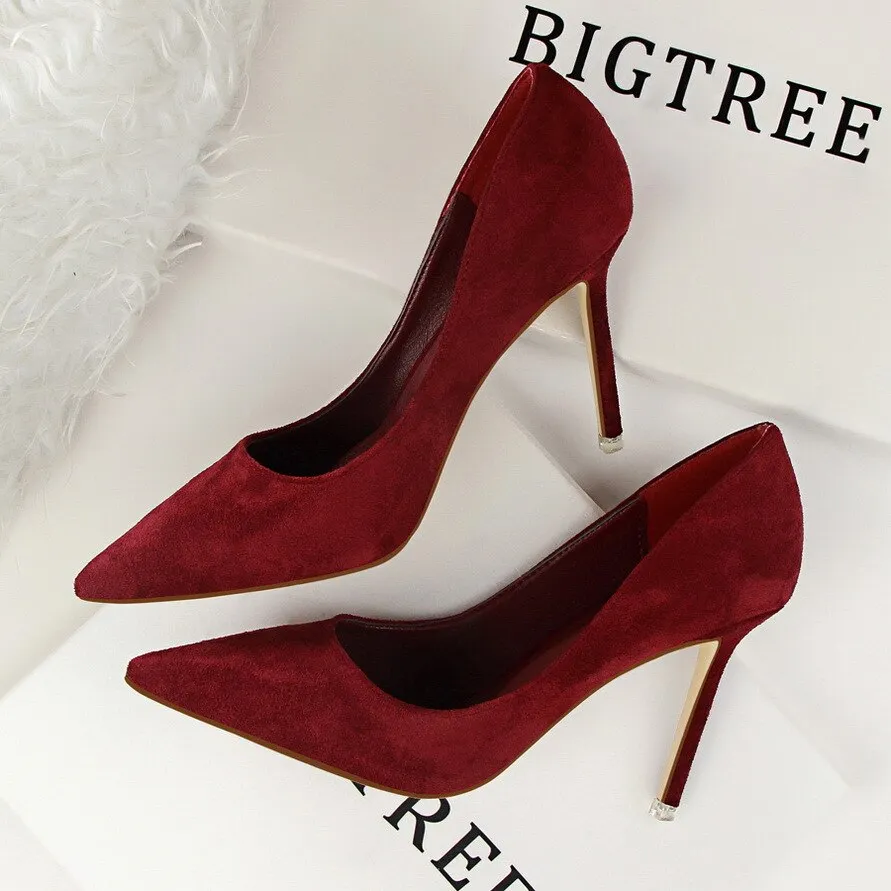 Amozae- Women's Shoes 9CM Pumps Fashion Simple Stiletto With High-Heeled Shallow Mouth Pointed Suede   Slimming Professional OL