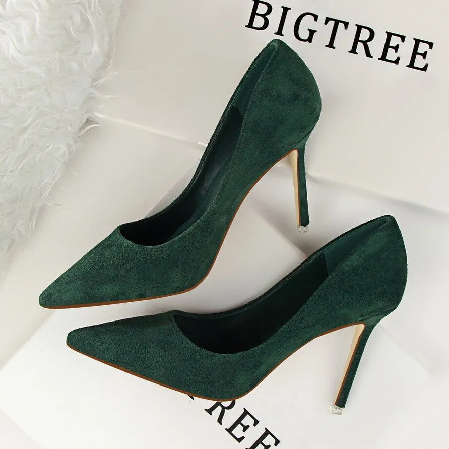 Amozae- Women's Shoes 9CM Pumps Fashion Simple Stiletto With High-Heeled Shallow Mouth Pointed Suede   Slimming Professional OL