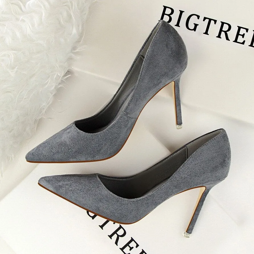 Amozae- Women's Shoes 9CM Pumps Fashion Simple Stiletto With High-Heeled Shallow Mouth Pointed Suede   Slimming Professional OL
