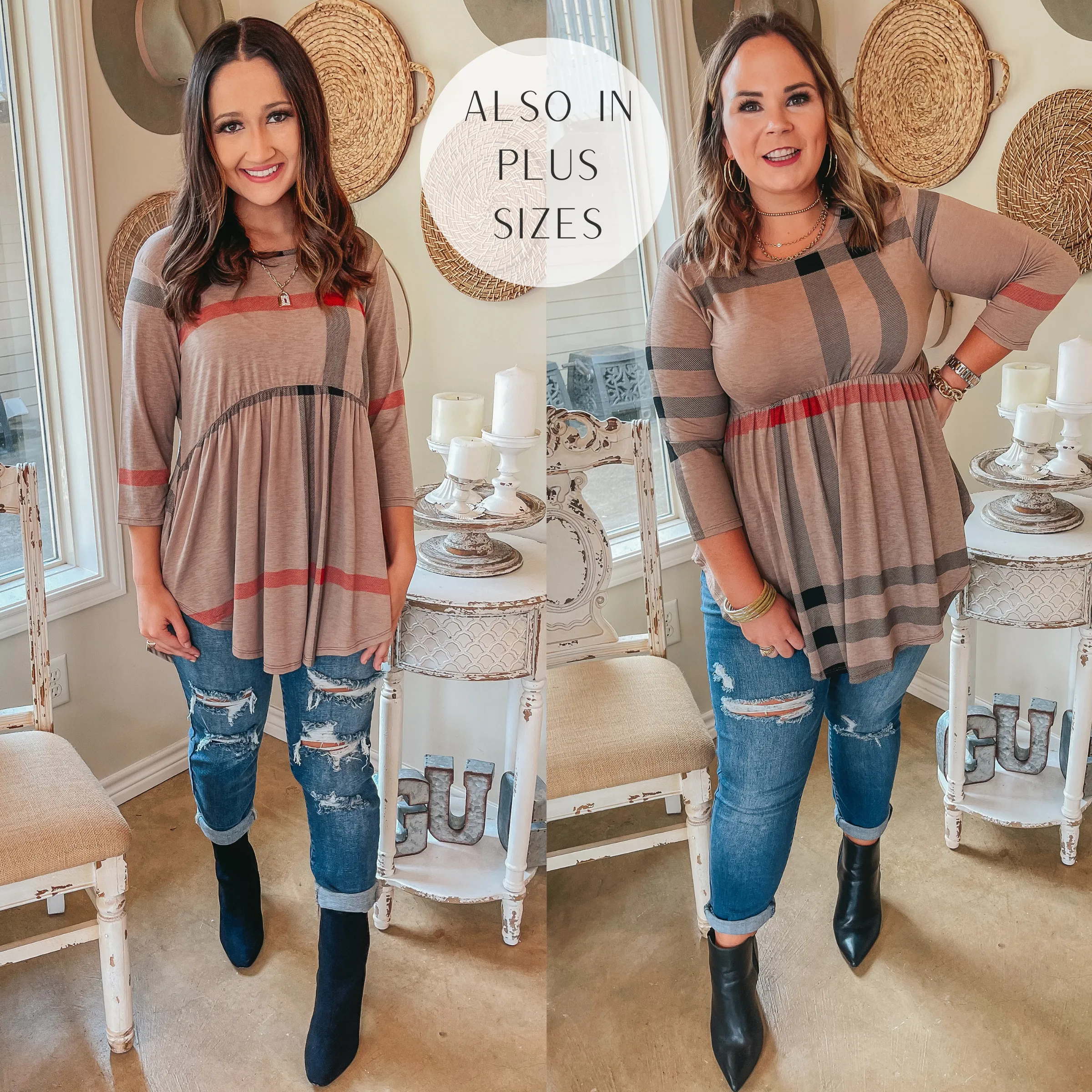 As You Wish Plaid Baby Doll Top in Taupe