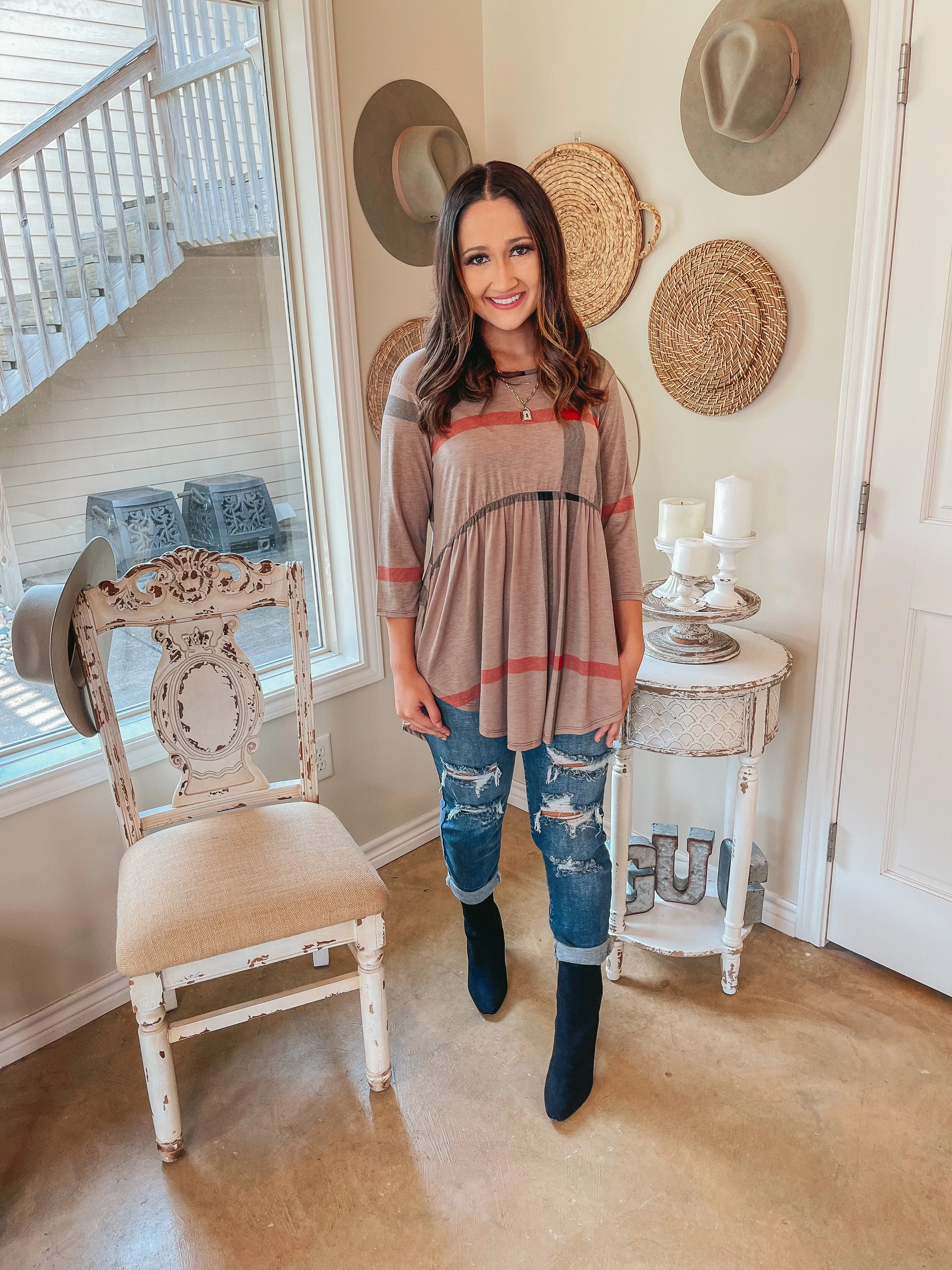 As You Wish Plaid Baby Doll Top in Taupe