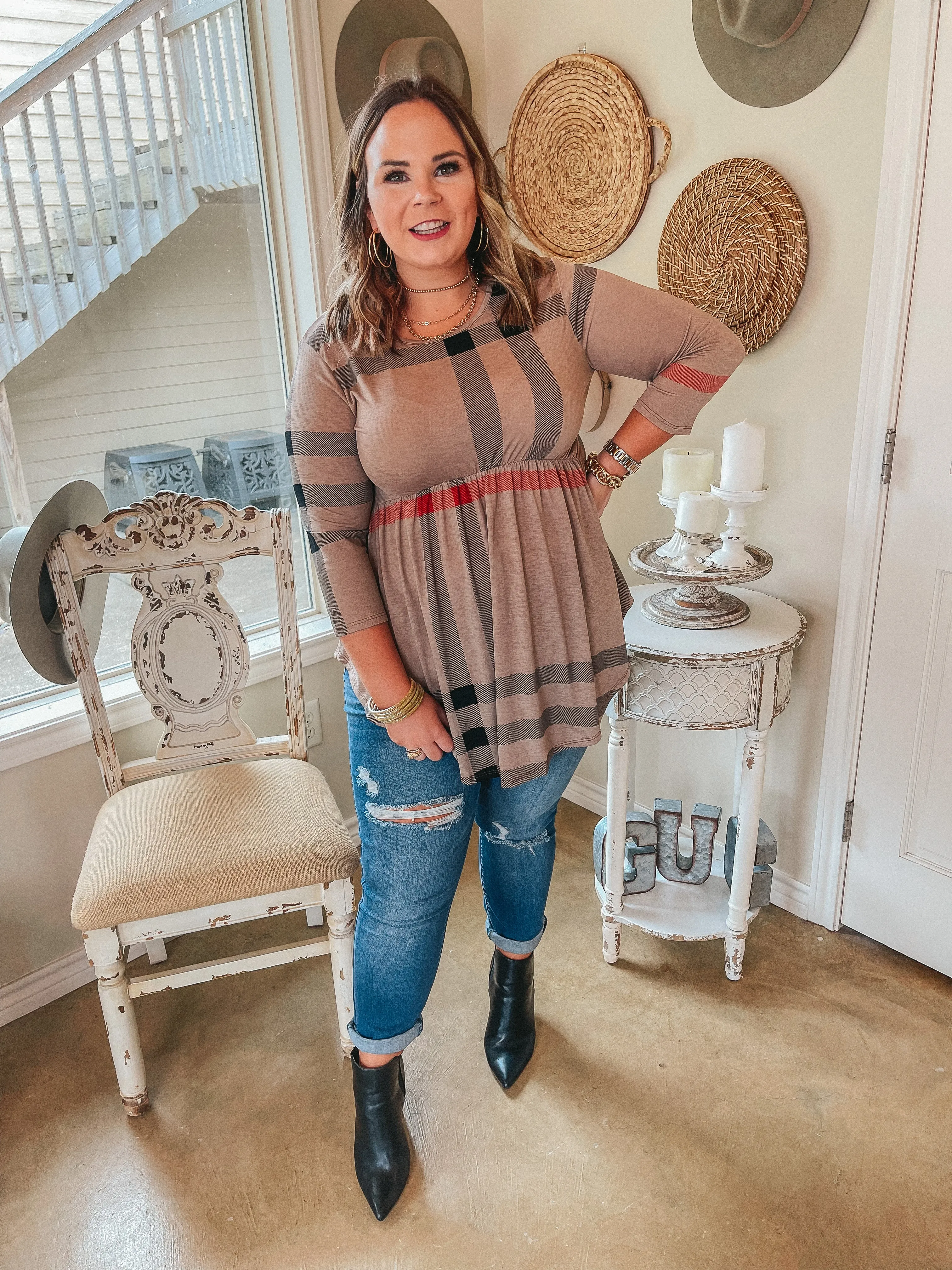 As You Wish Plaid Baby Doll Top in Taupe