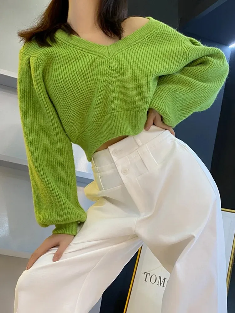 Casual Straight Sweater For Women V Neck Batwing Sleeve Solid Minimalist Knitting Pullover Female Clothing