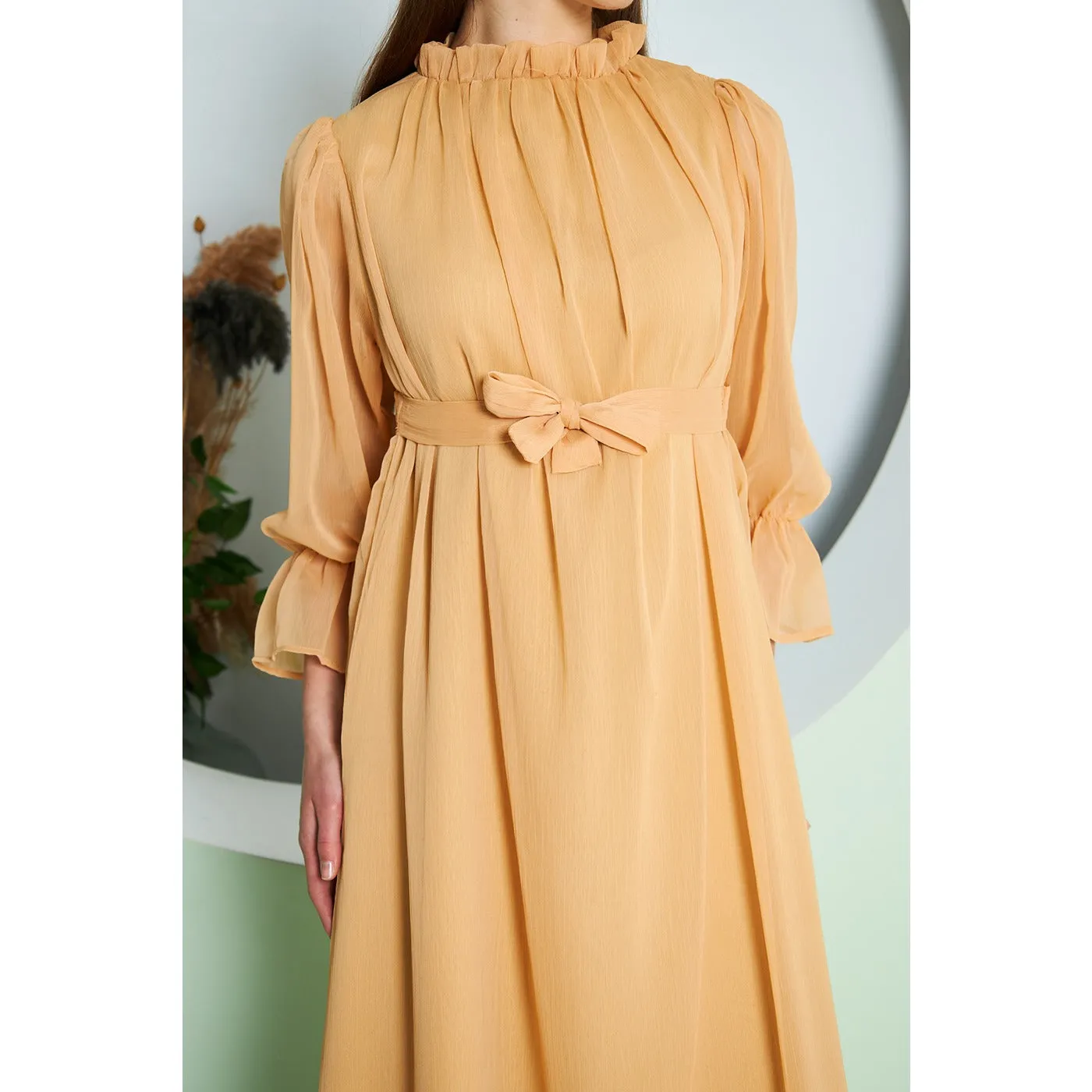 Chiffon Mustard Pleated Neck Dress