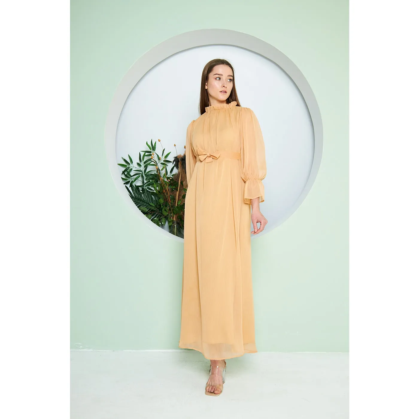 Chiffon Mustard Pleated Neck Dress