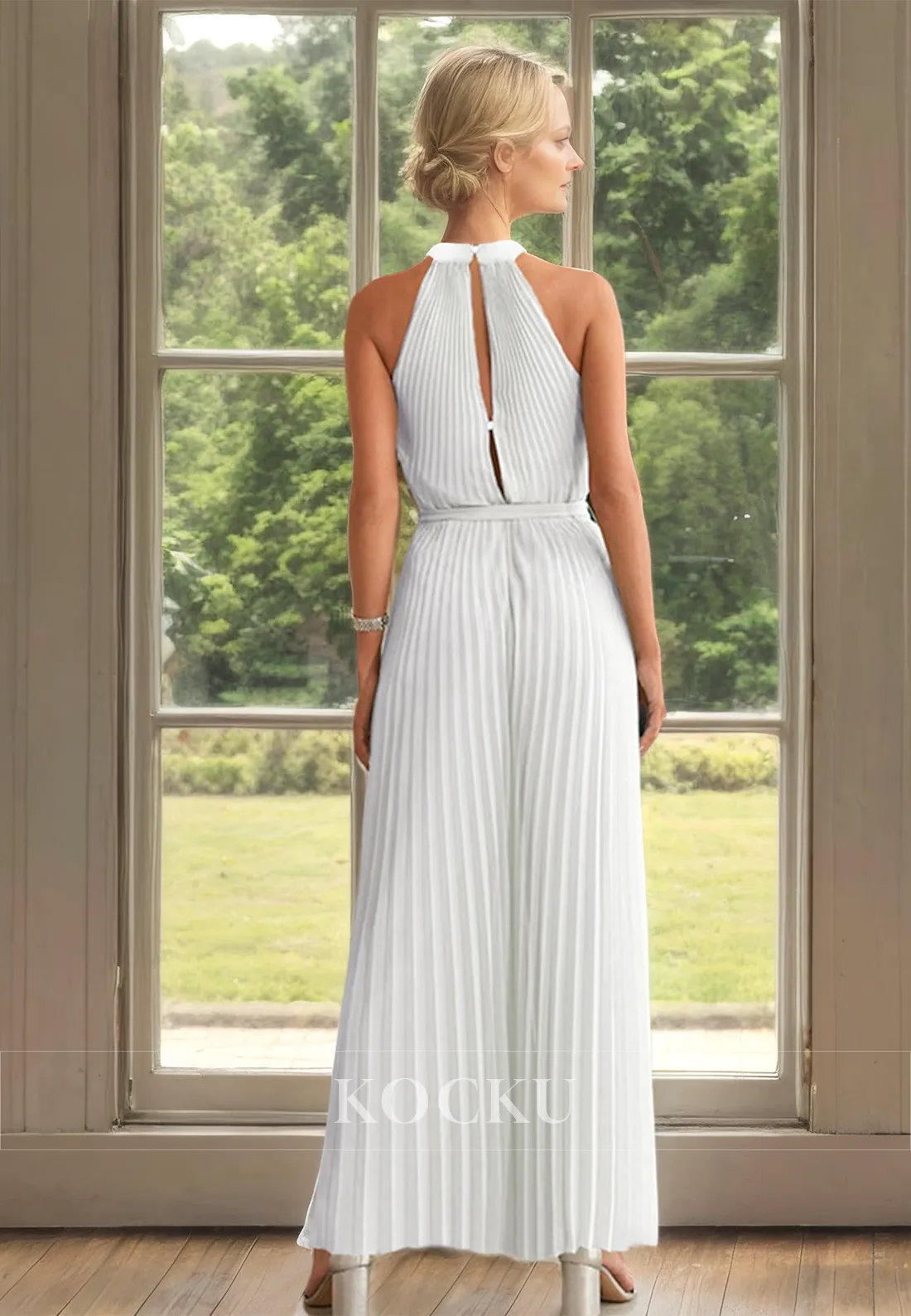 Classic&Timeless Halter Neck Sleeveless Pleats Satin Mother of Bride Cocktail Pantsuits with Belt