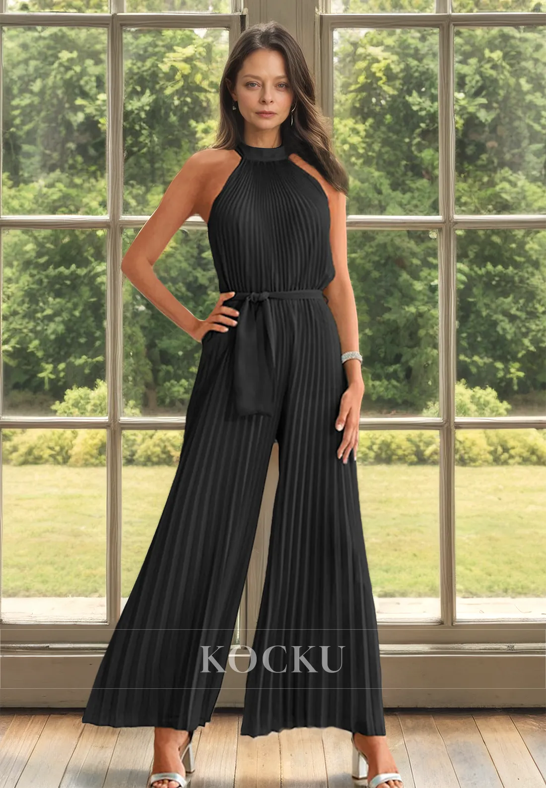 Classic&Timeless Halter Neck Sleeveless Pleats Satin Mother of Bride Cocktail Pantsuits with Belt
