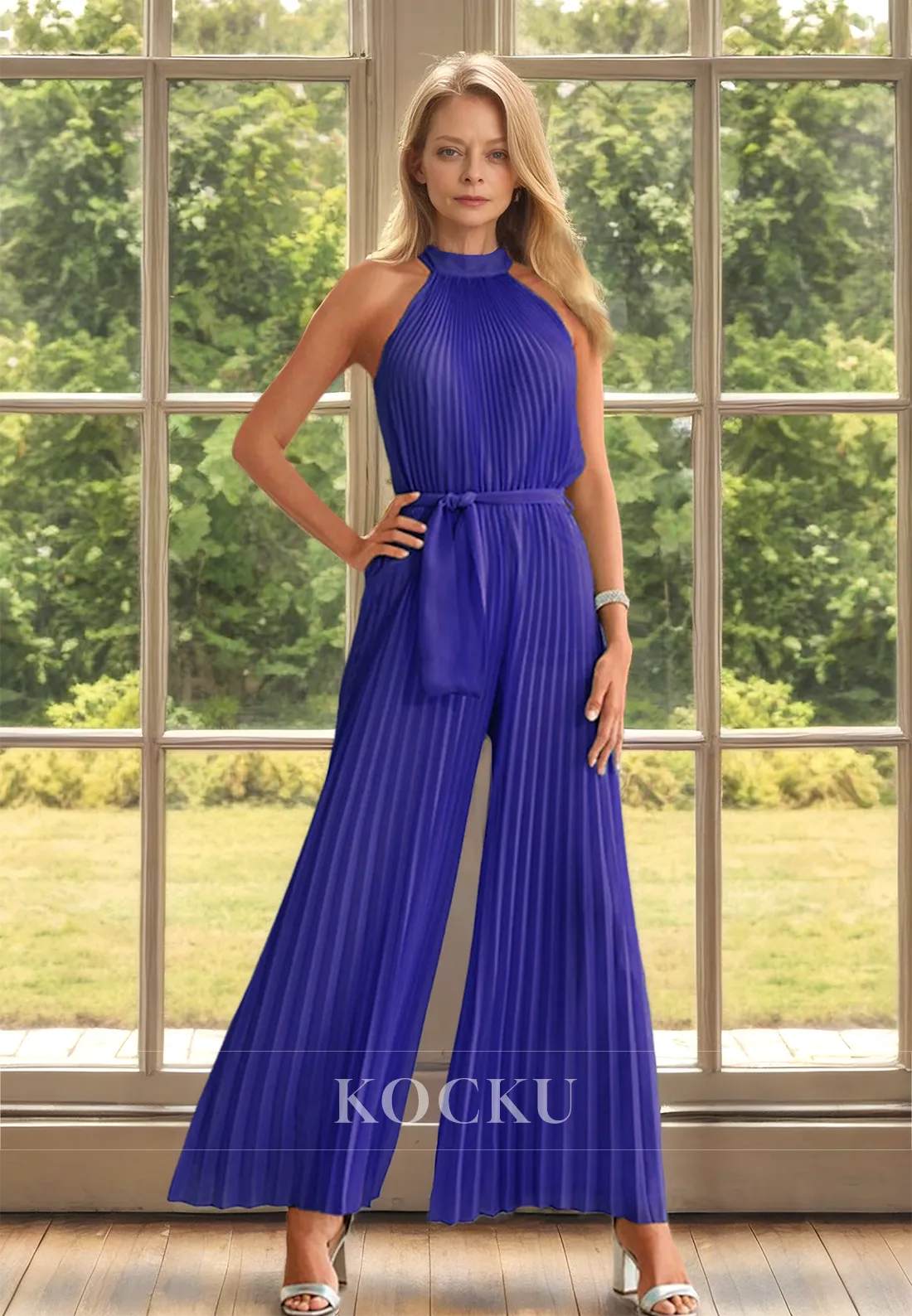 Classic&Timeless Halter Neck Sleeveless Pleats Satin Mother of Bride Cocktail Pantsuits with Belt