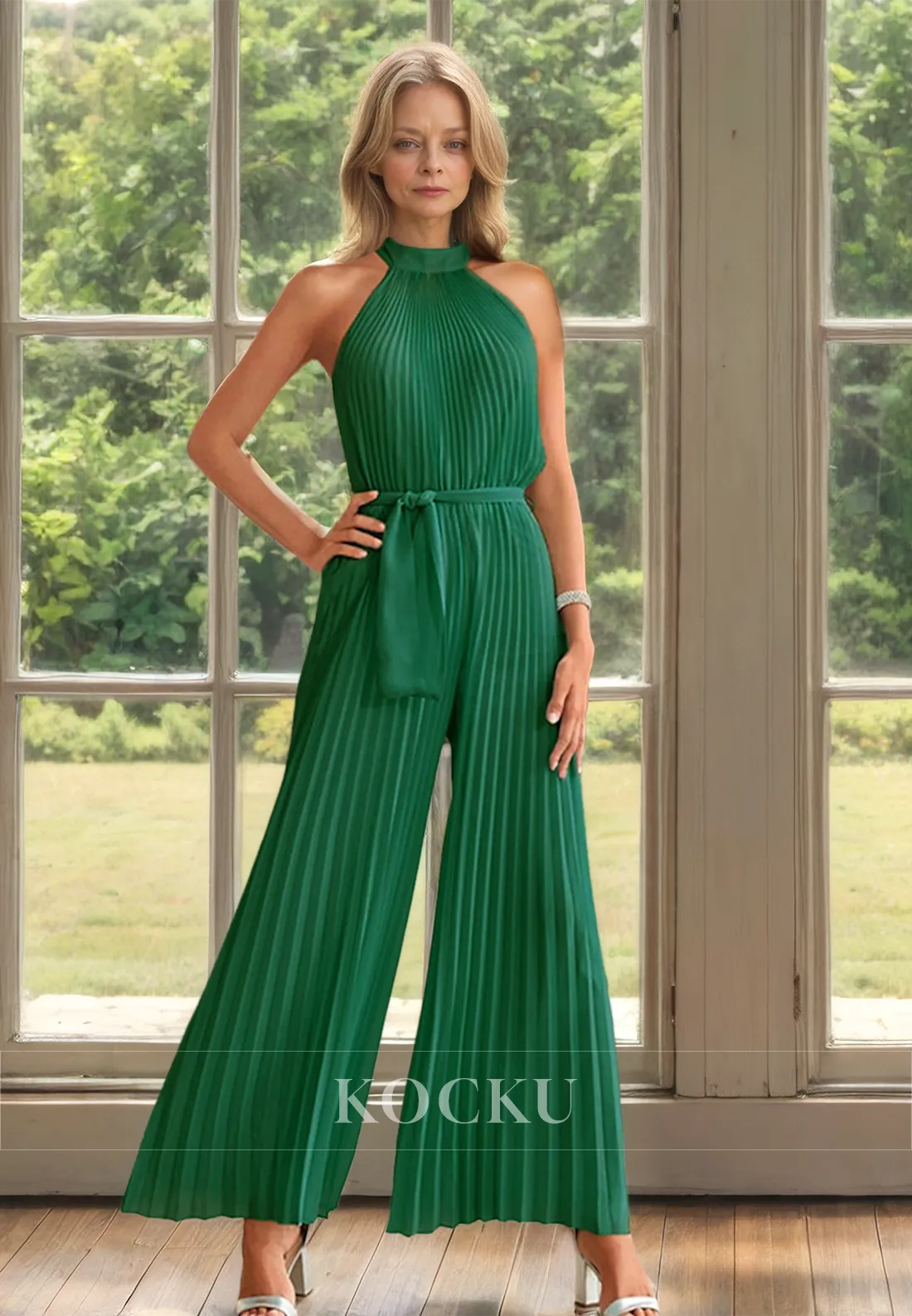 Classic&Timeless Halter Neck Sleeveless Pleats Satin Mother of Bride Cocktail Pantsuits with Belt