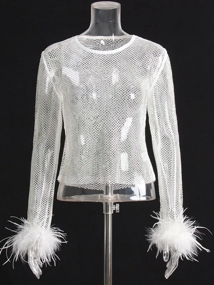 Diamonds Patchwork Feathers T Shirt For Women Round Neck Long Sleeve Solid T Shirts Female Autumn Clothing