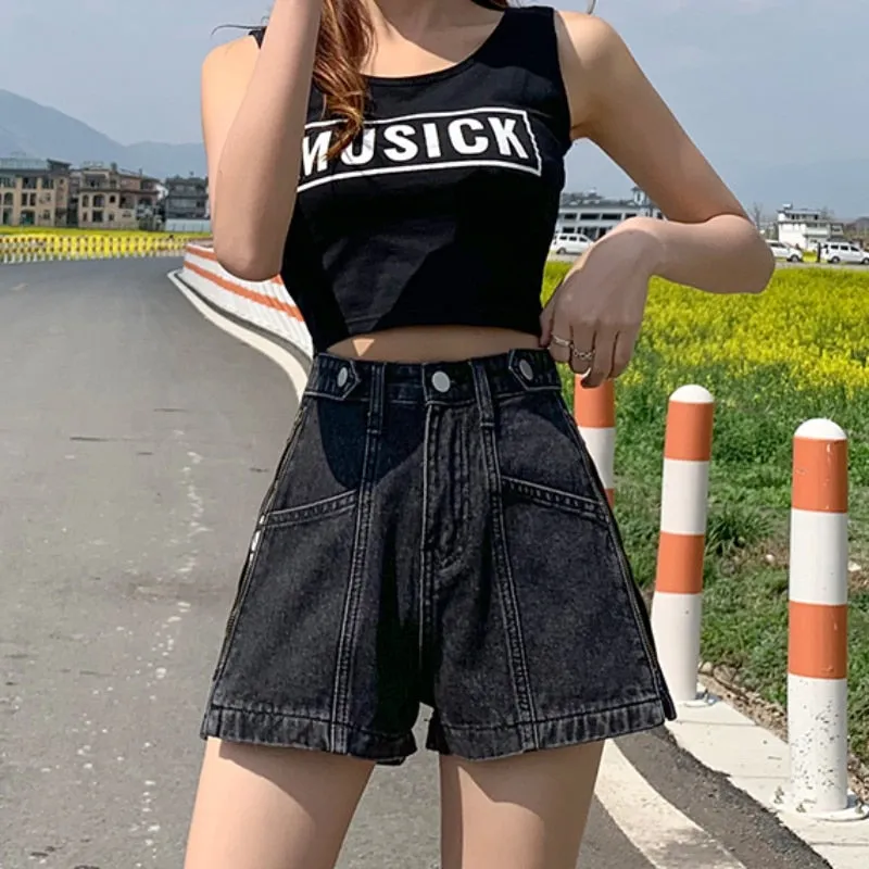 Fashion Zipper Women Denim Shorts Summer High Waist Black Letter Print A Line Wide Leg Jeans Streetwear Loose Girls Shorts