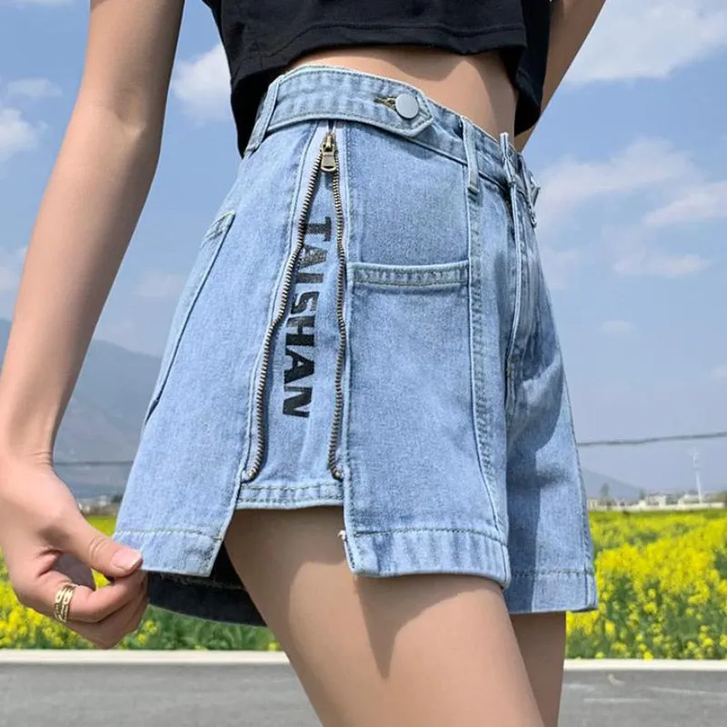 Fashion Zipper Women Denim Shorts Summer High Waist Black Letter Print A Line Wide Leg Jeans Streetwear Loose Girls Shorts