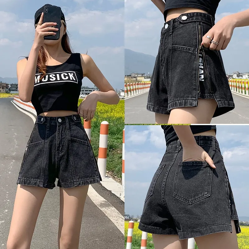 Fashion Zipper Women Denim Shorts Summer High Waist Black Letter Print A Line Wide Leg Jeans Streetwear Loose Girls Shorts