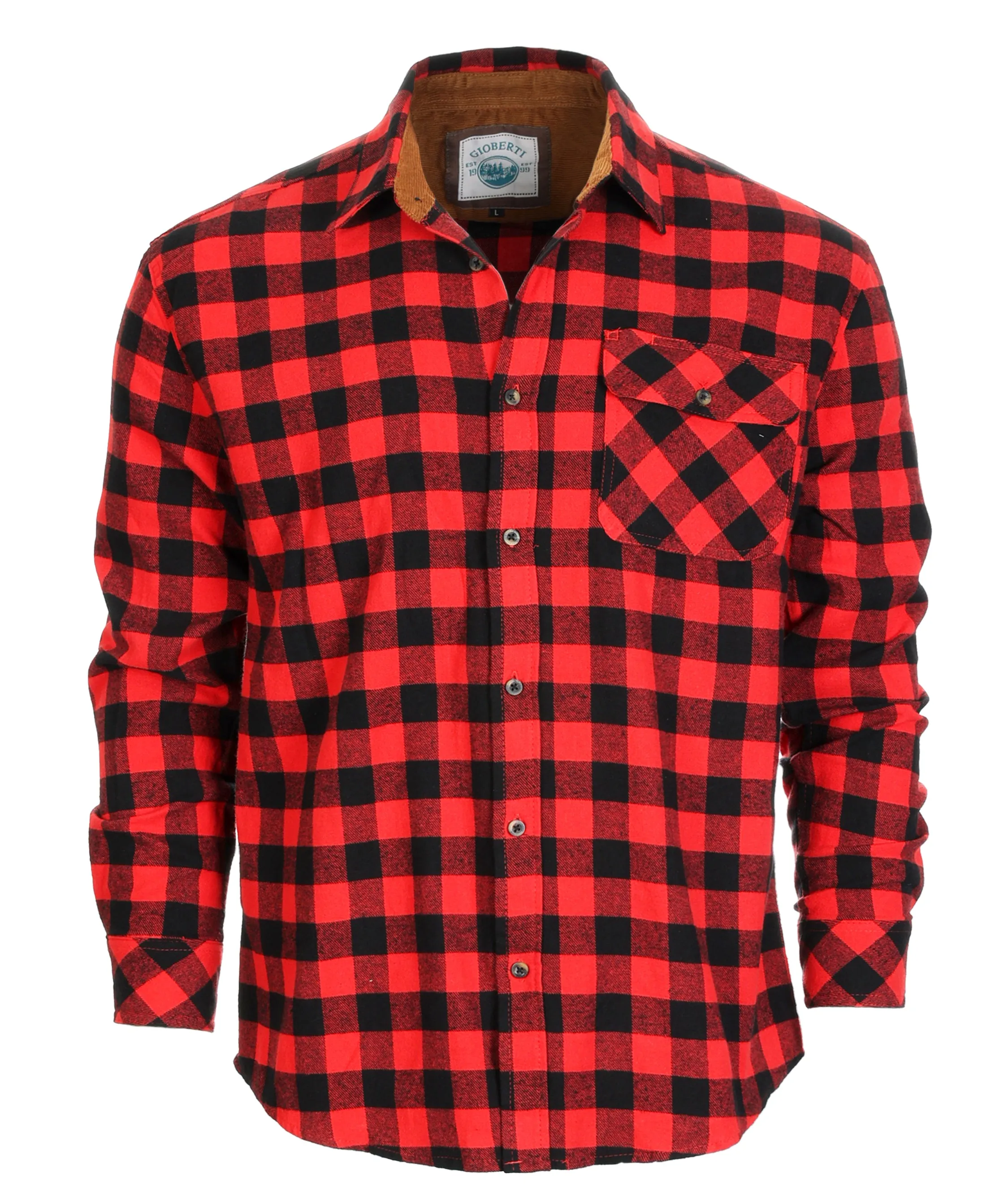 Gioberti Men's Black / Red Checkered 100% Cotton Brushed Flannel Plaid Checkered Shirt with Corduroy Contrast