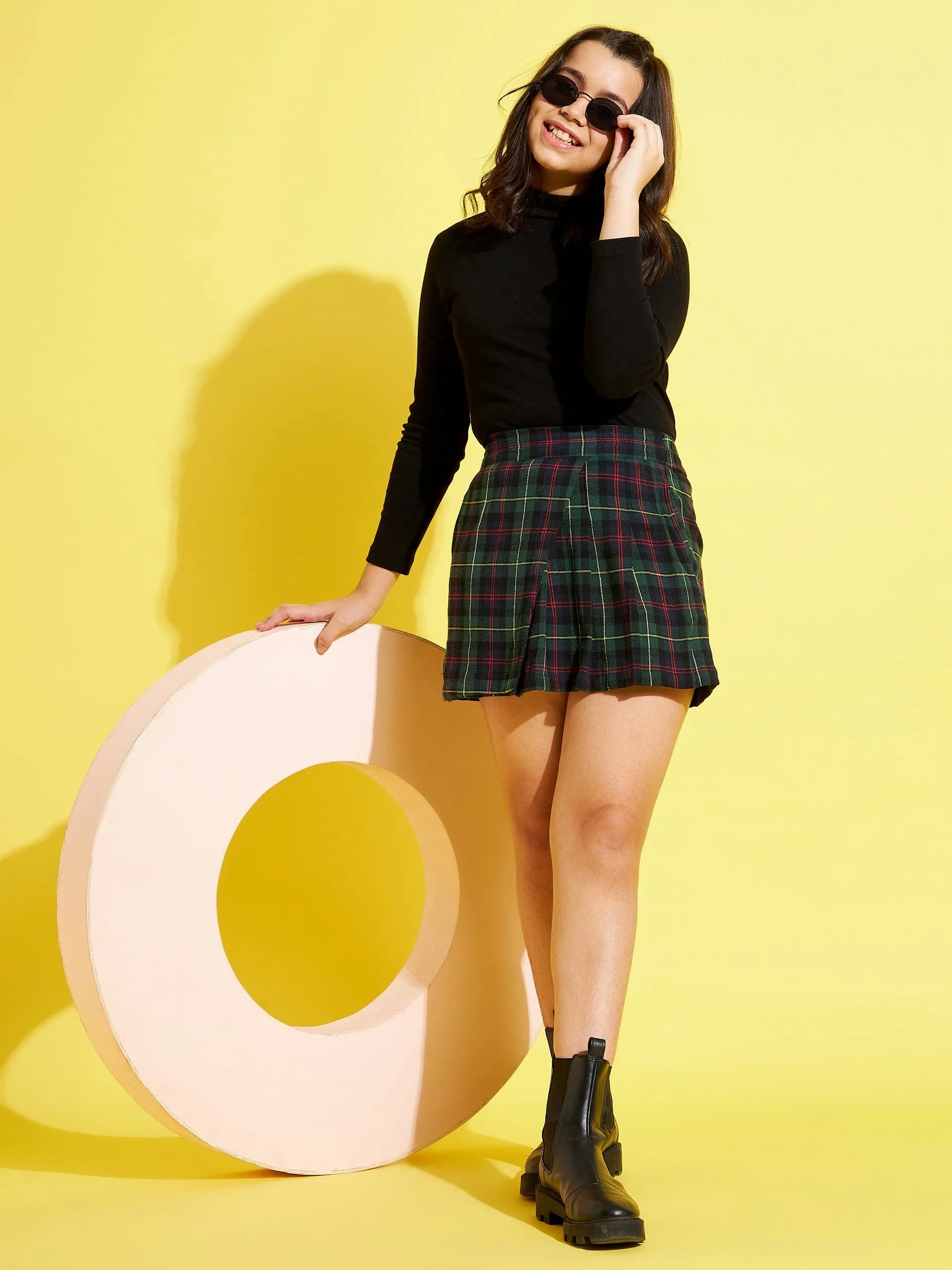 Girls Green & Yellow Check Wrap Skirt - Lyush Kids