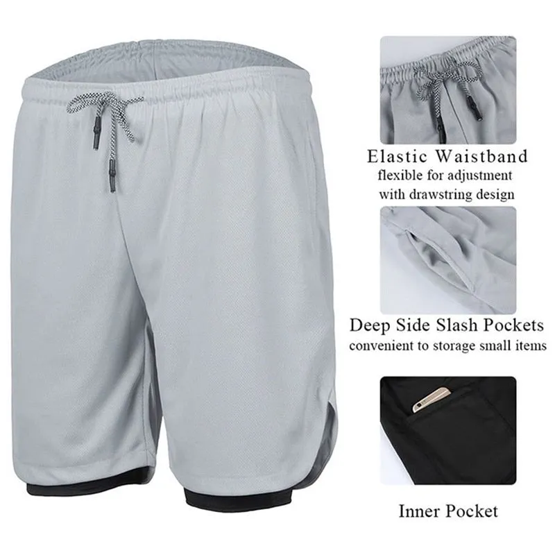 Gym Men's Sports Shorts 2 in 1 Safety Pocket Sexy Running Knickers Male Double Layer Breathable Fitness Training Pants
