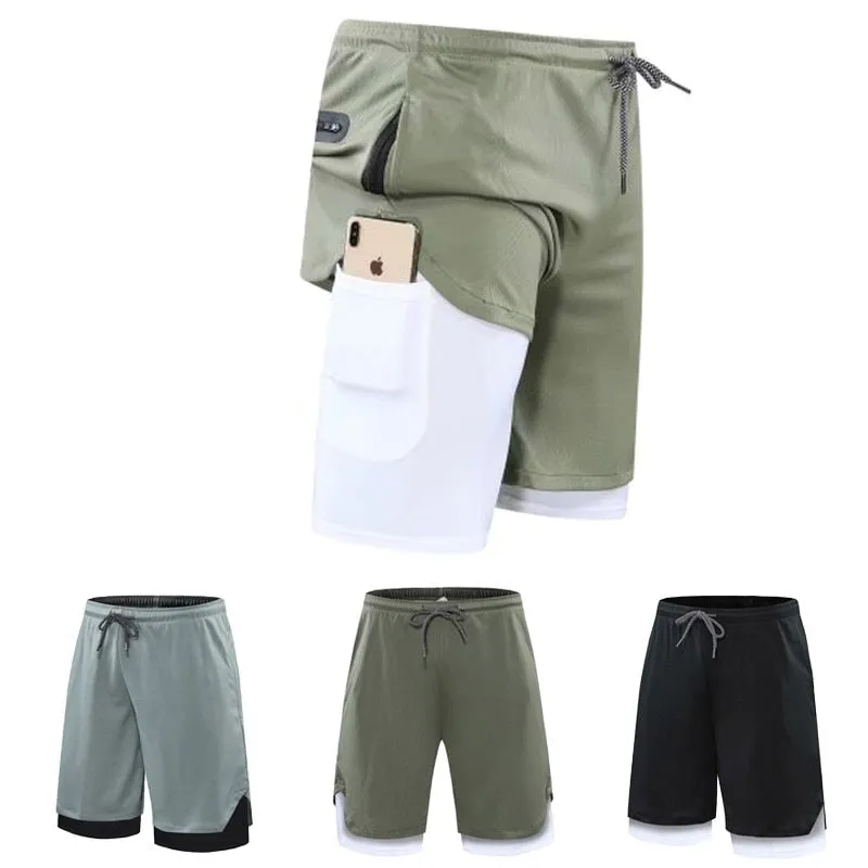 Gym Men's Sports Shorts 2 in 1 Safety Pocket Sexy Running Knickers Male Double Layer Breathable Fitness Training Pants