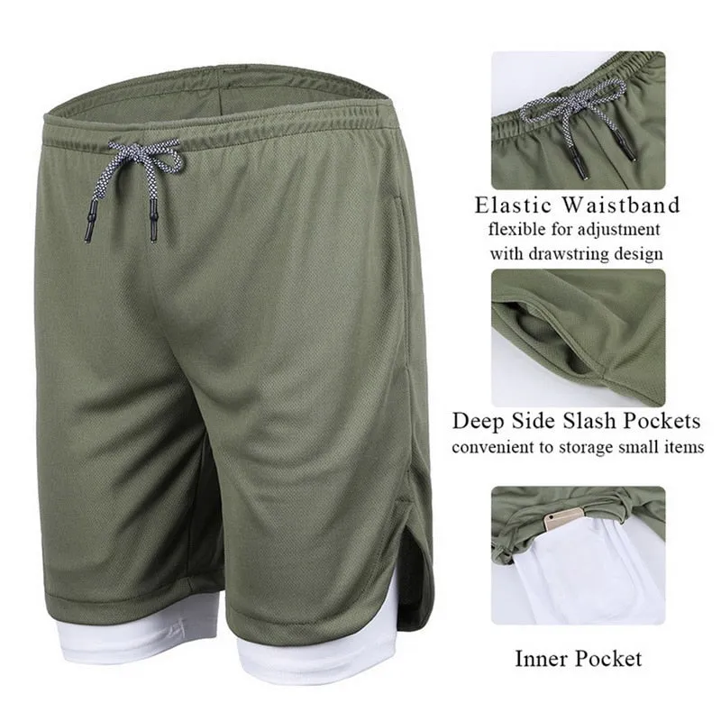 Gym Men's Sports Shorts 2 in 1 Safety Pocket Sexy Running Knickers Male Double Layer Breathable Fitness Training Pants