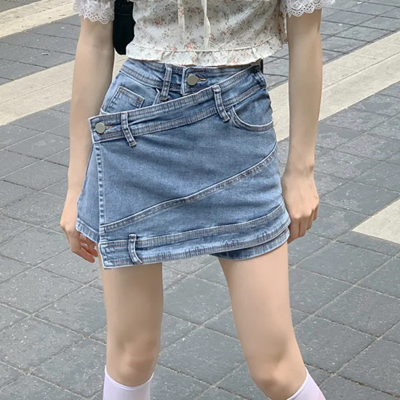 High Waist Women Denim Shorts Summer Korean Blue Designed Jeans Casual Pocket Loose Ladies Wide Leg Shorts