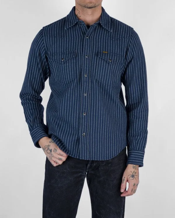 Iron Heart IHSH-401 12oz Ultra Heavy Flannel Chalk Stripe Western Shirt - Navy