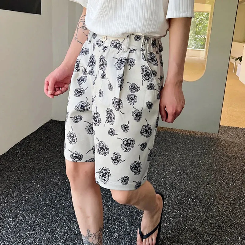 Male Summer Korean Printing Casual Shorts Wide Leg Knee Lenght Flowers Short Pants Men's Trendy Loose Everyday 9A8876