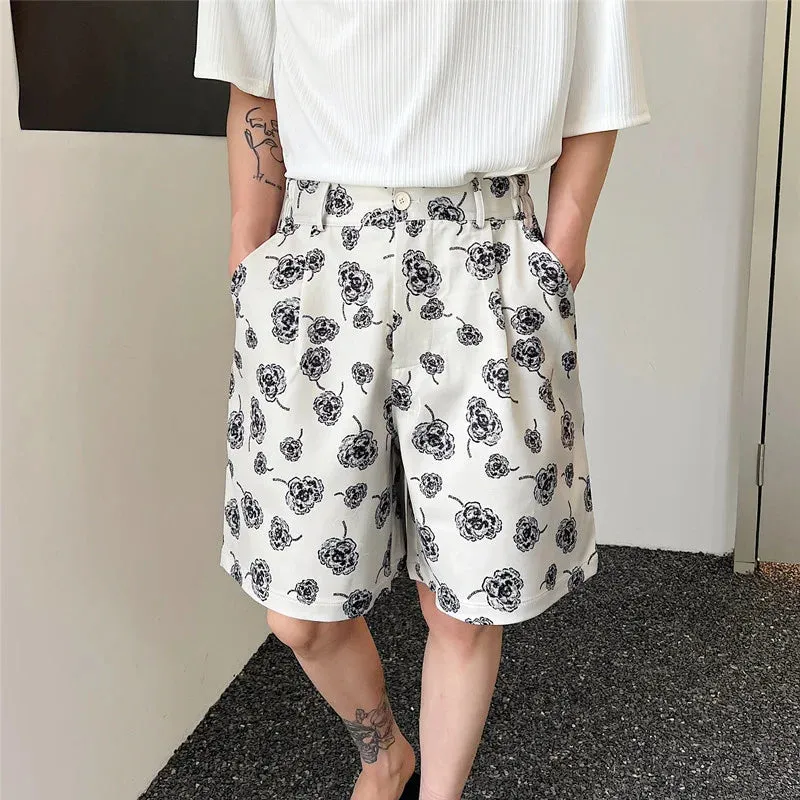 Male Summer Korean Printing Casual Shorts Wide Leg Knee Lenght Flowers Short Pants Men's Trendy Loose Everyday 9A8876