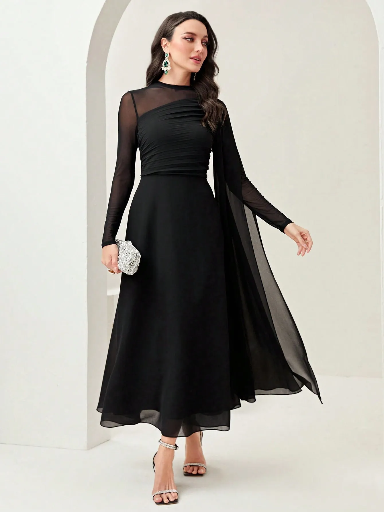 Modely Contrast Mesh Ruched Dress With Sleeves