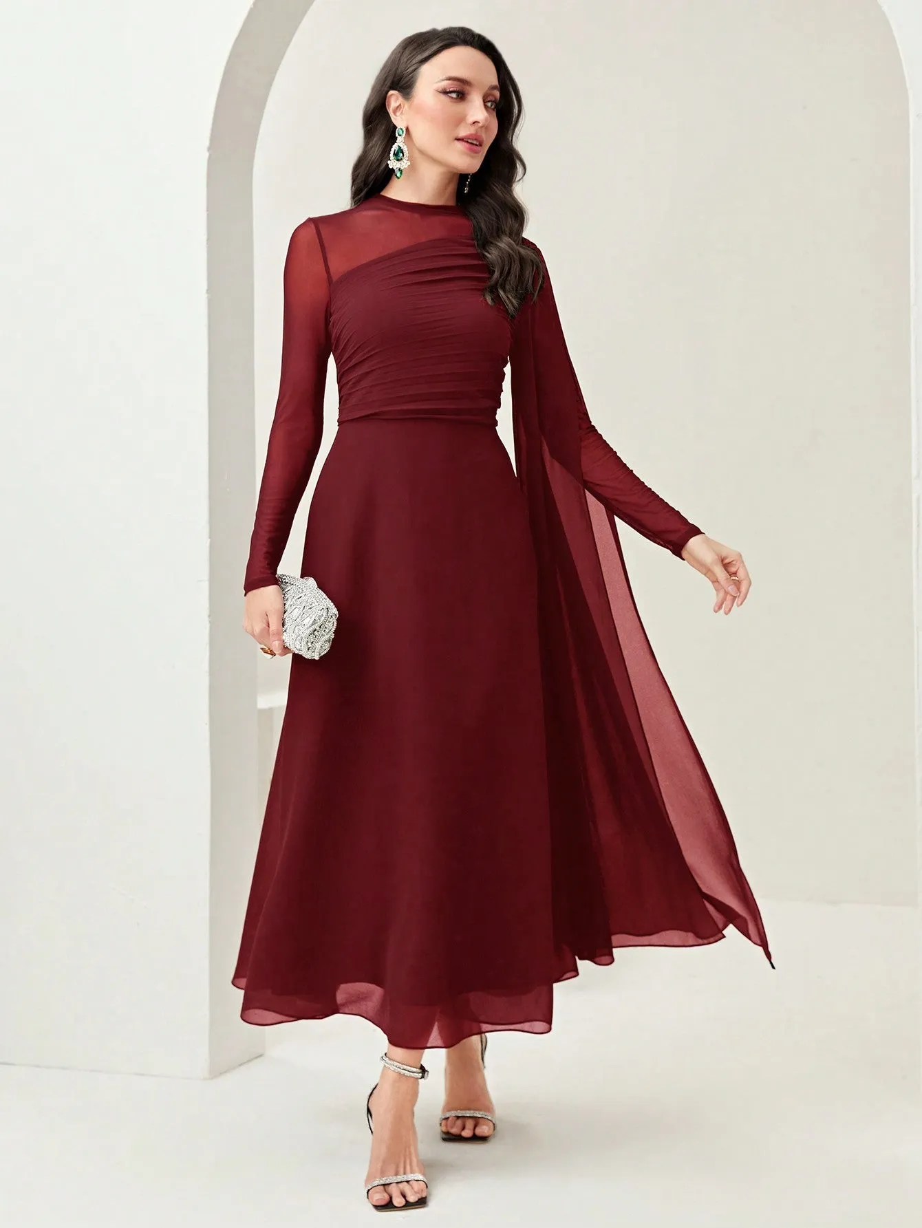 Modely Contrast Mesh Ruched Dress With Sleeves