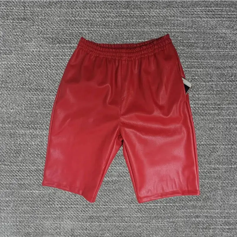 PU Leather Shorts Men's Lightweight Black Red Blue Summer Hip Hop Fashion Elastic Waist Knee Length Pants 9Y6387