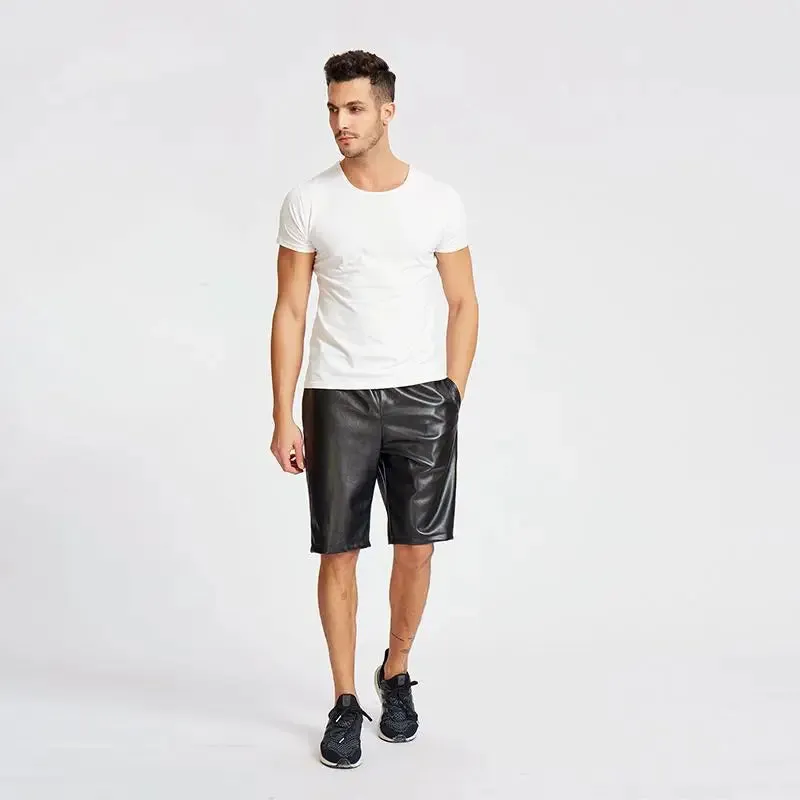PU Leather Shorts Men's Lightweight Black Red Blue Summer Hip Hop Fashion Elastic Waist Knee Length Pants 9Y6387