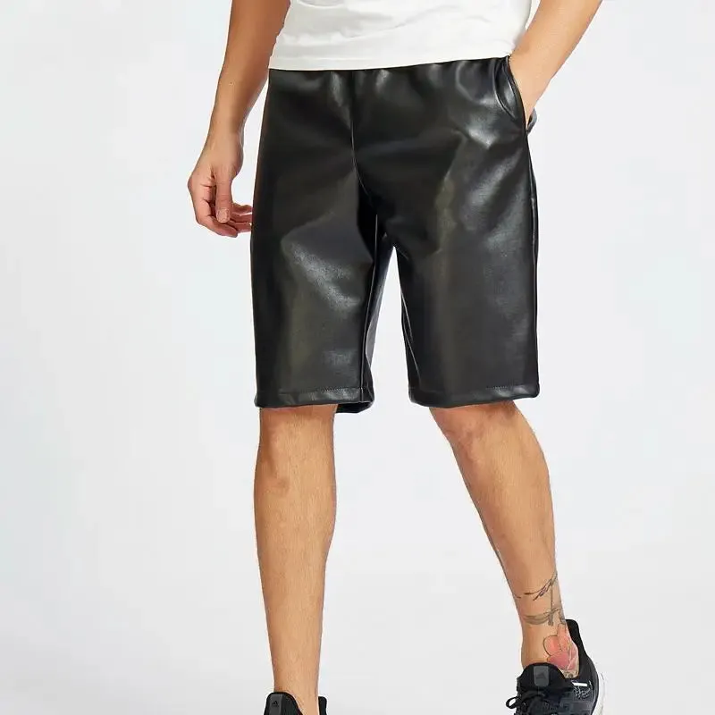 PU Leather Shorts Men's Lightweight Black Red Blue Summer Hip Hop Fashion Elastic Waist Knee Length Pants 9Y6387