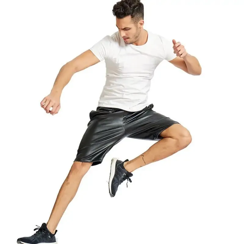 PU Leather Shorts Men's Lightweight Black Red Blue Summer Hip Hop Fashion Elastic Waist Knee Length Pants 9Y6387