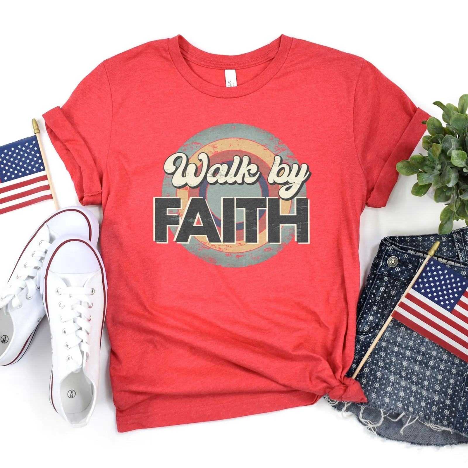 Retro Walk By Faith Tee Shirts For Women - Christian Shirts for Women - Religious Tee Shirts