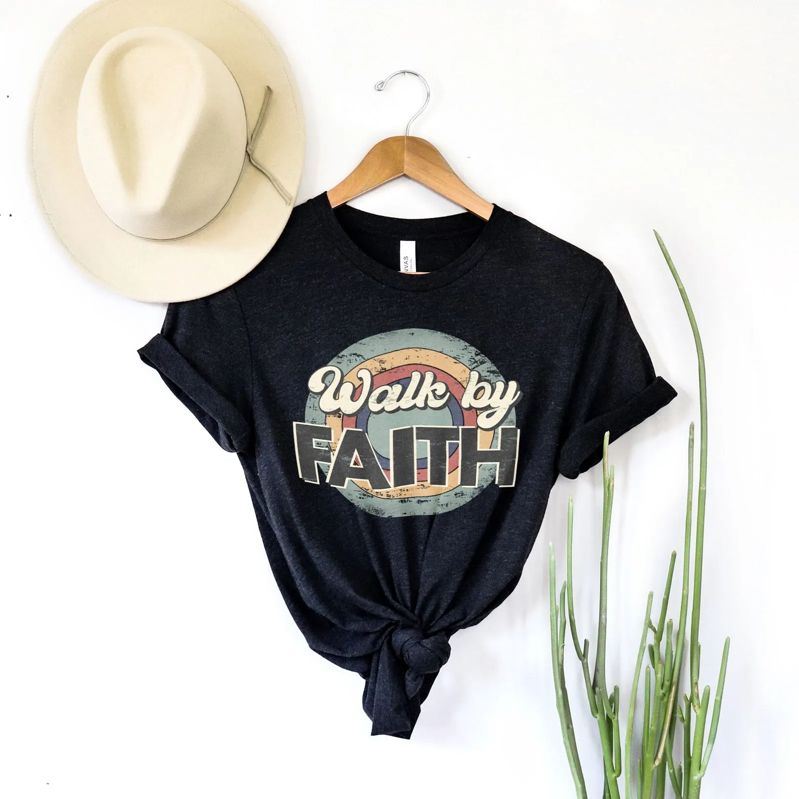 Retro Walk By Faith Tee Shirts For Women - Christian Shirts for Women - Religious Tee Shirts