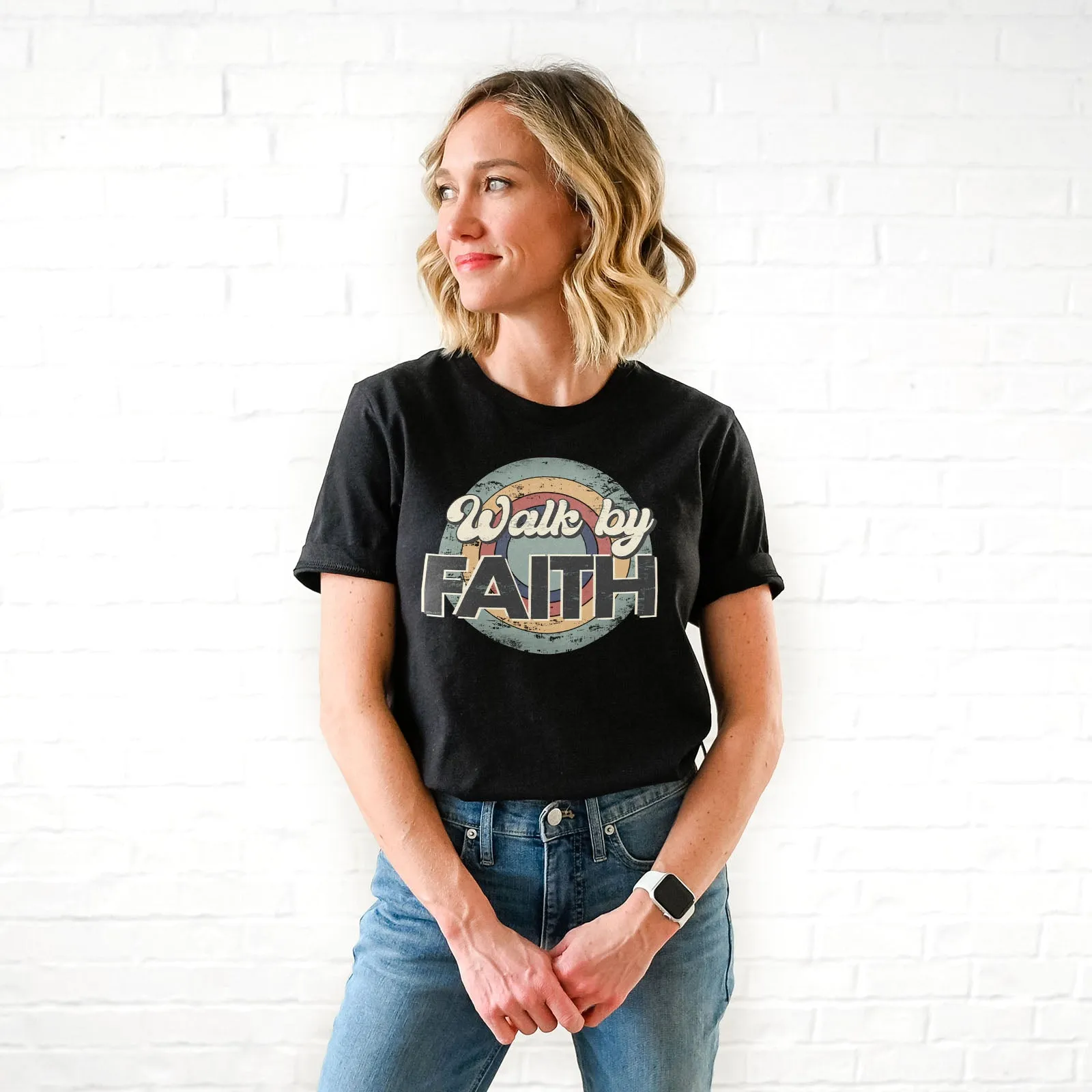 Retro Walk By Faith Tee Shirts For Women - Christian Shirts for Women - Religious Tee Shirts