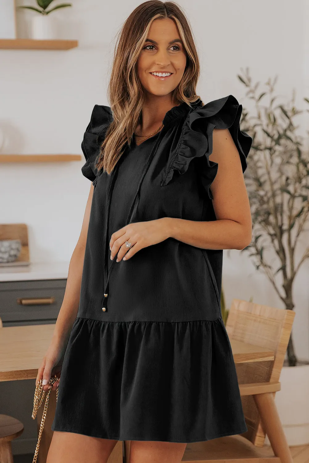 Ruffle Shoulder Tie-Neck Tiered Dress
