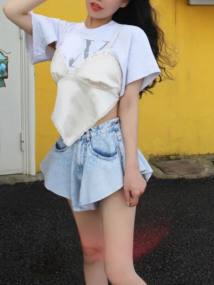 Sexy Denim Shorts For Women High Waist Solid Minimalist Fold Pleated Short Pants Female Korean Fashion Clothing