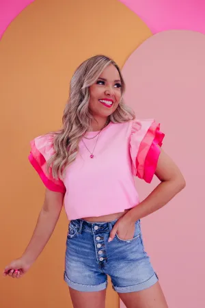 Tara Tiered Ruffle Sleeve Top - Pink