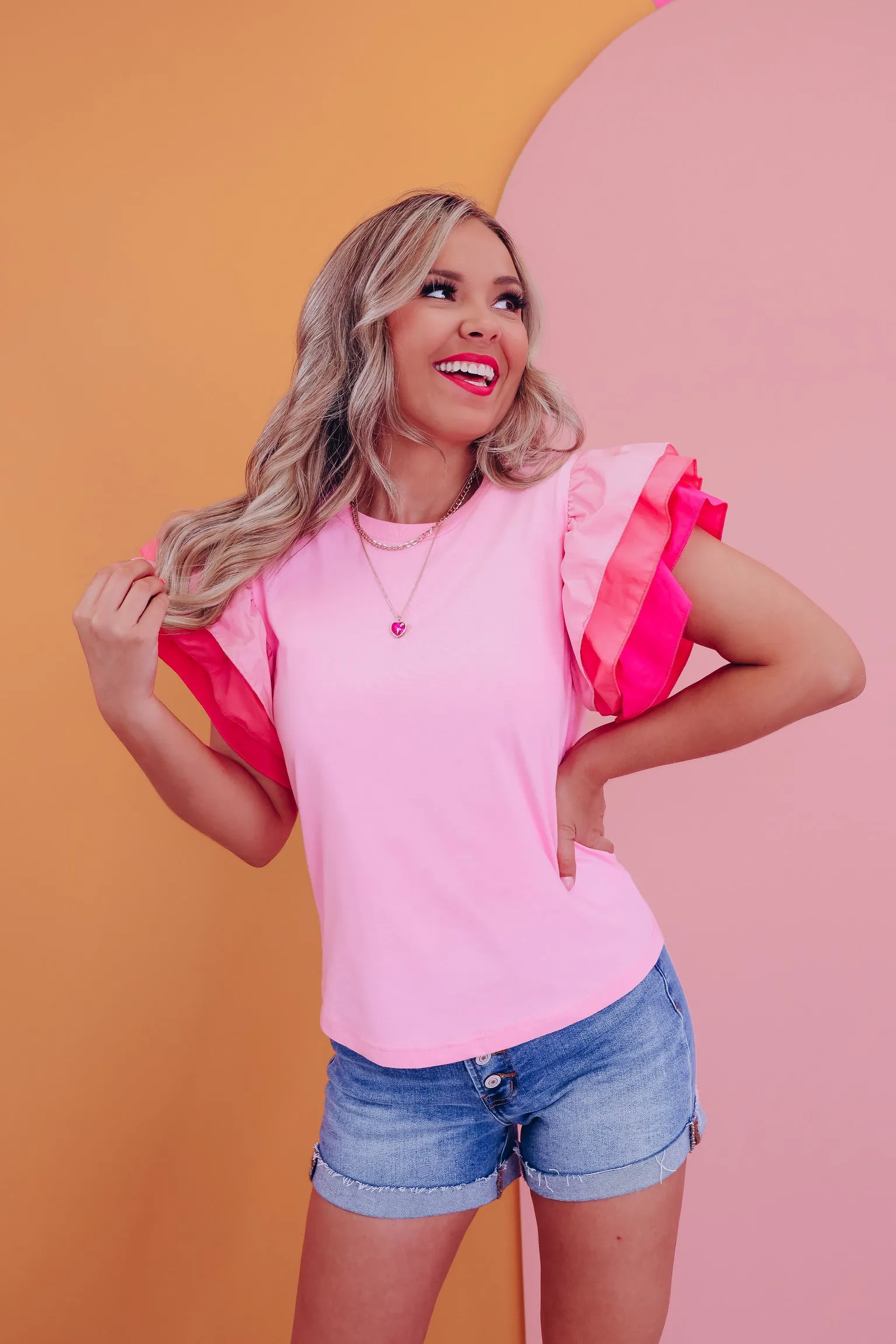 Tara Tiered Ruffle Sleeve Top - Pink