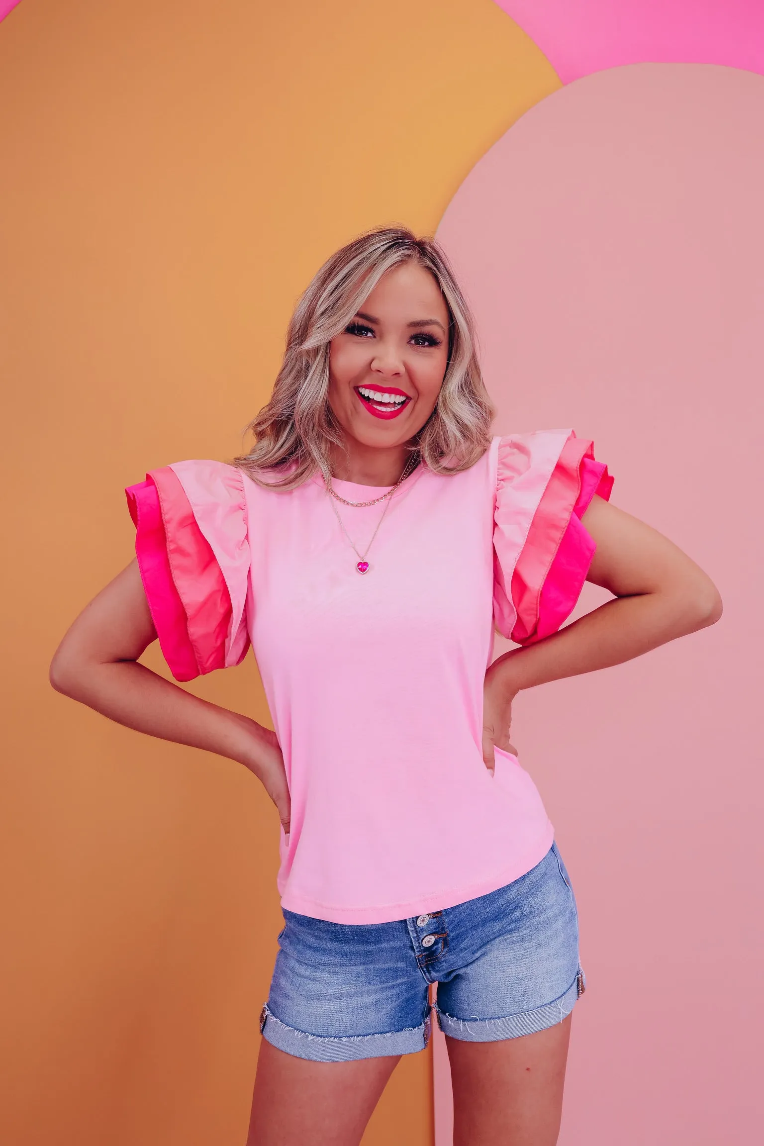 Tara Tiered Ruffle Sleeve Top - Pink
