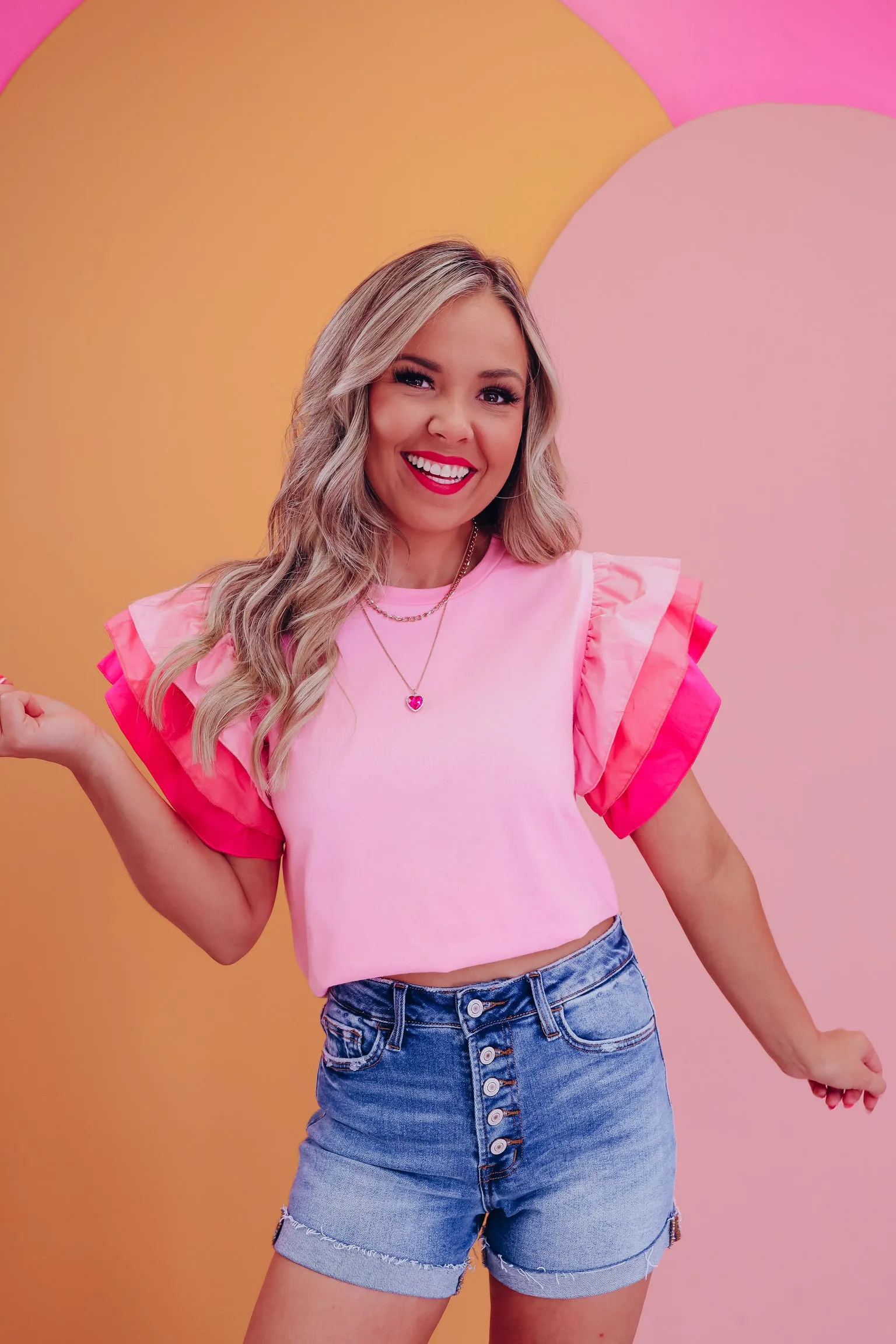 Tara Tiered Ruffle Sleeve Top - Pink