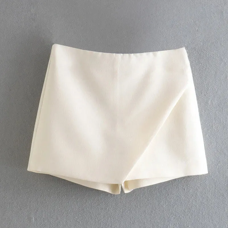 Women Fashion Asymmetrical Shorts Skirts High Waist Back Pockets Side Zipper Vintage Female  Solid